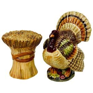 Department 56 Turkey and Wheat Sheaf Salt and Pepper Shakers Thanksgiving